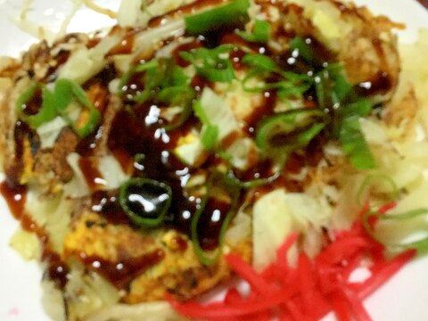 九条ネギ乗せキャベツのお好み焼き風。